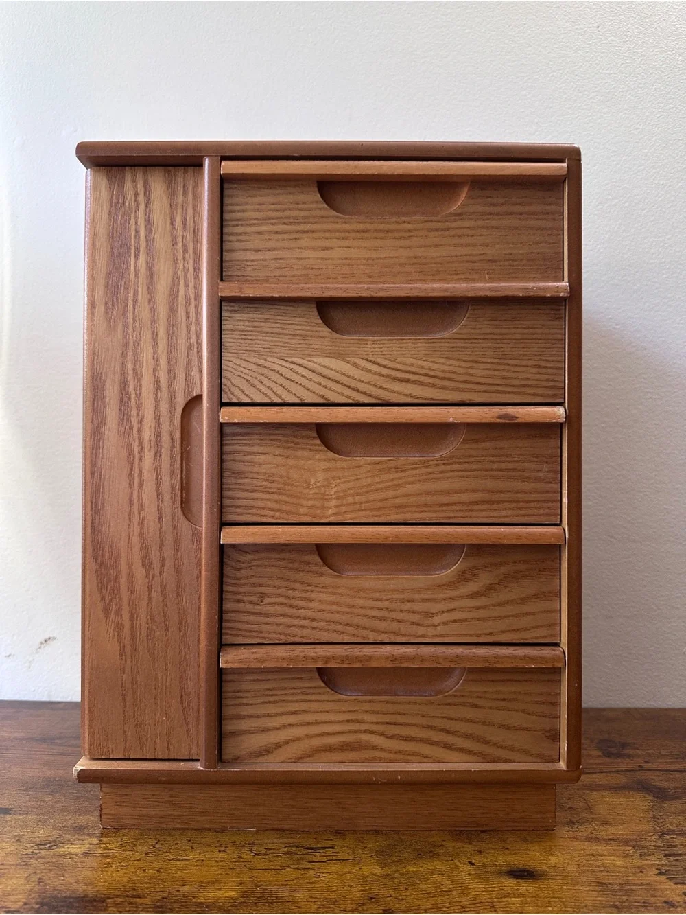 Vintage MCM Style Solid Oak Wood Jewelry Box Chest 5 Drawers Side Door Cabinet